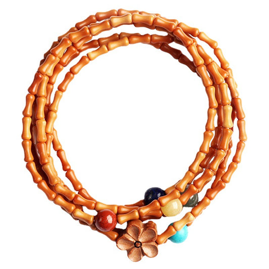 Natural Bamboo-Style Olive Pit Multi-Wrap Single Loop Multi-Treasure Multi-Blessing Bracelet