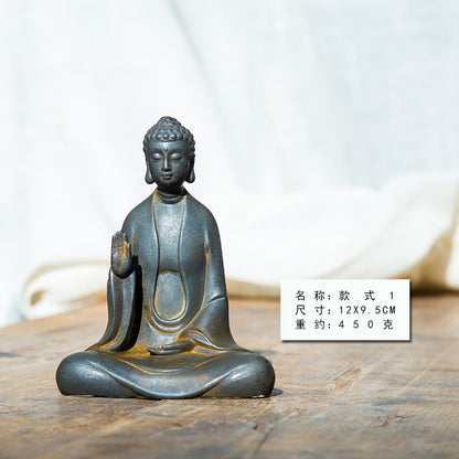 Zen-Inspired New Cast-Iron Imitation Premium in the Chinese Style Handcrafted, imaginative desktop ornament featuring a Shakyamuni Buddha figurine