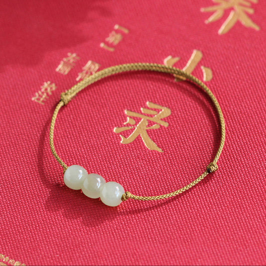 Handmade Cord Natural Hetian Jade Old Style Bead Bracelet for Women, Single Loop