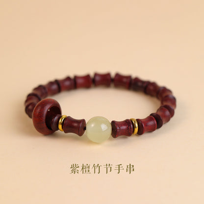 Step-by-Step Success Bracelet - Women's Green Sandalwood Bamboo Section Bracelet with Small Leaf Rosewood, Hetian Jade, and Sandalwood Beads