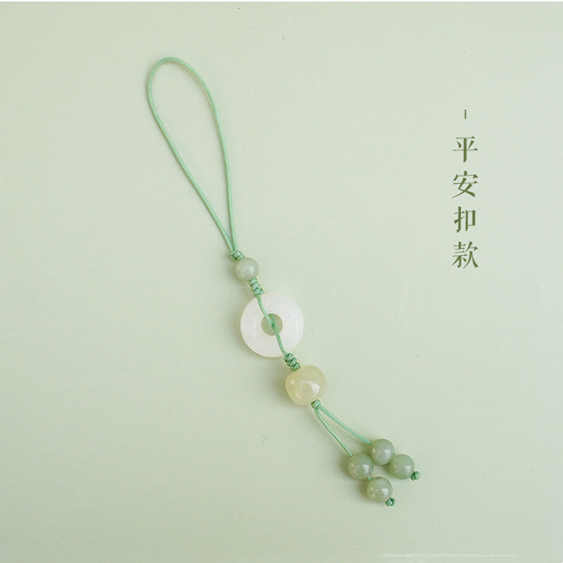 Natural Qing Shui Hetian Jade 6mm Phone Charm, Jade Pendant, Peace Buckle Hanging Ornament, Car Keychain, Chinese Style