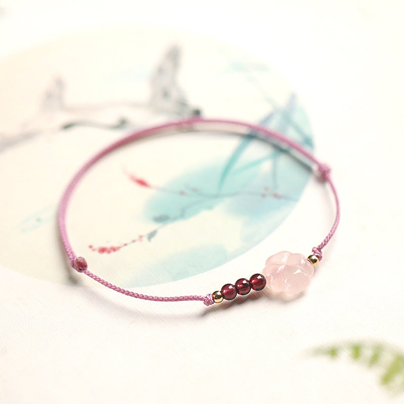 Pink Quartz Four-Leaf Clover Bracelet for Women with Red String