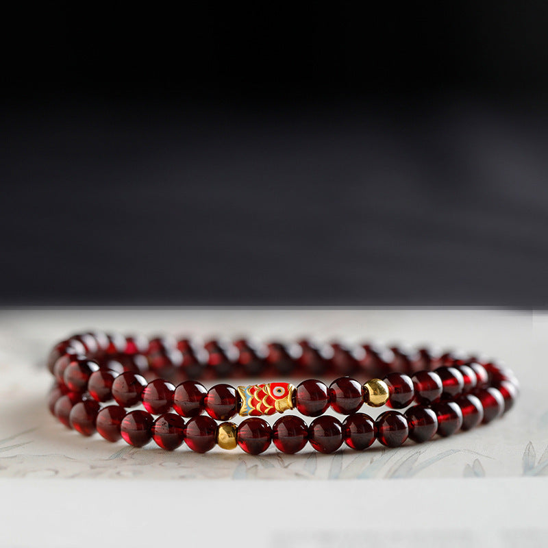 Natural Wine Red Garnet Bracelet for Women, Light Luxury Niche Exquisite S925 Silver Koi Fish Feng Shui Bead Bracelet