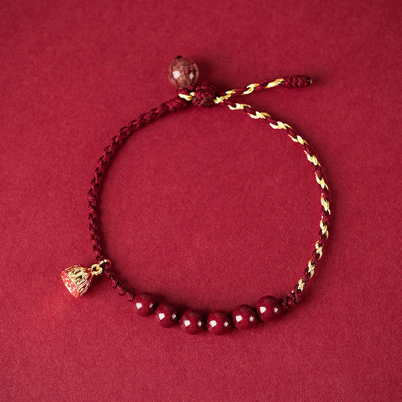 Good Luck Lotus Red Cinnabar Bead Bracelet with Braided Cord