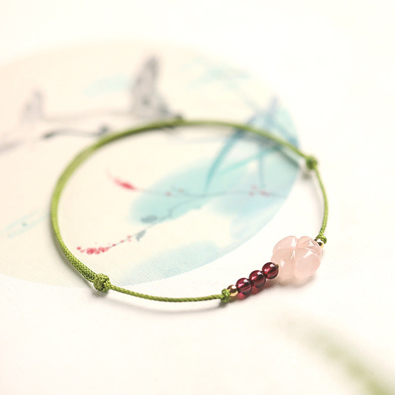 Pink Quartz Four-Leaf Clover Bracelet for Women with Red String