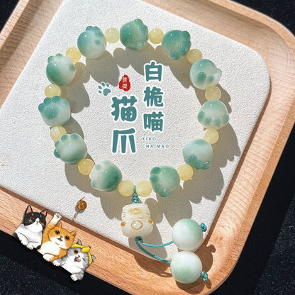 Genuine Mini Cat Paw Bracelet with Bodhi Root  Prayer Bracelet with Natural White Jade Bodhi Beads