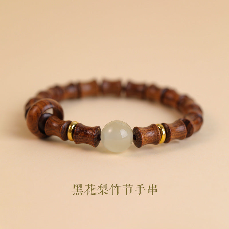 Step-by-Step Success Bracelet - Women's Green Sandalwood Bamboo Section Bracelet with Small Leaf Rosewood, Hetian Jade, and Sandalwood Beads