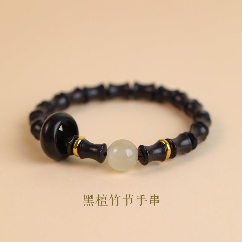 Step-by-Step Success Bracelet - Women's Green Sandalwood Bamboo Section Bracelet with Small Leaf Rosewood, Hetian Jade, and Sandalwood Beads