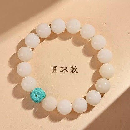 Natural White Jade Bodhi Bracelet for Women - Genuine Buddhist Prayer Beads with Spiral Pattern, Handheld Cultural Jewelry Bracelet